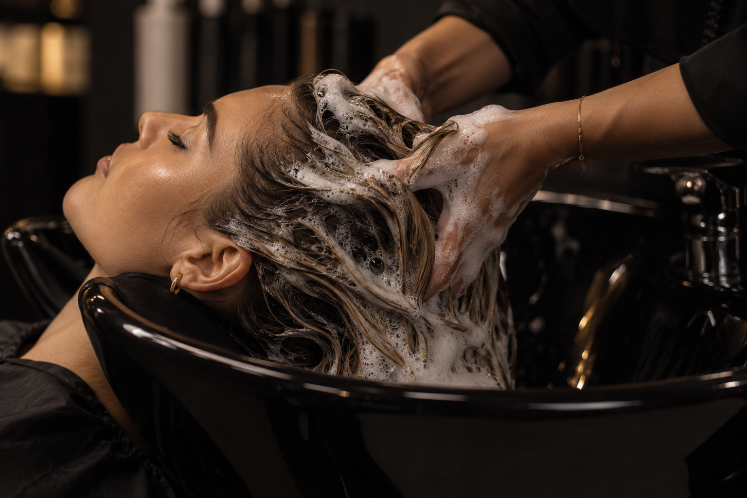 A woman relaxing while her hair is gently washed at a black salon basin