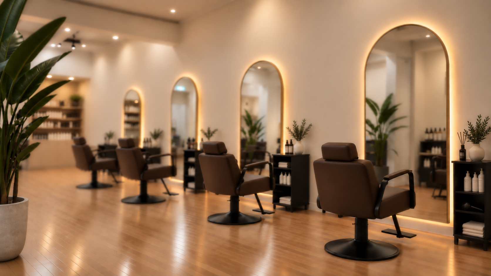 The Salon 28 studio: arched backlit mirrors, brown leather chairs and warm ivory walls