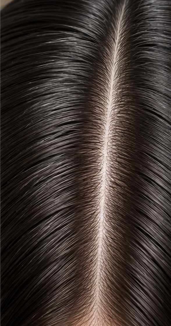 Healthy dark hair with a clean centre parting